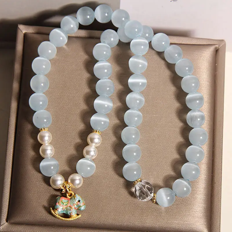 Natural Blue Cat's Eye & Pearl Double-Wrap Bracelet | Lucky Horse Charm