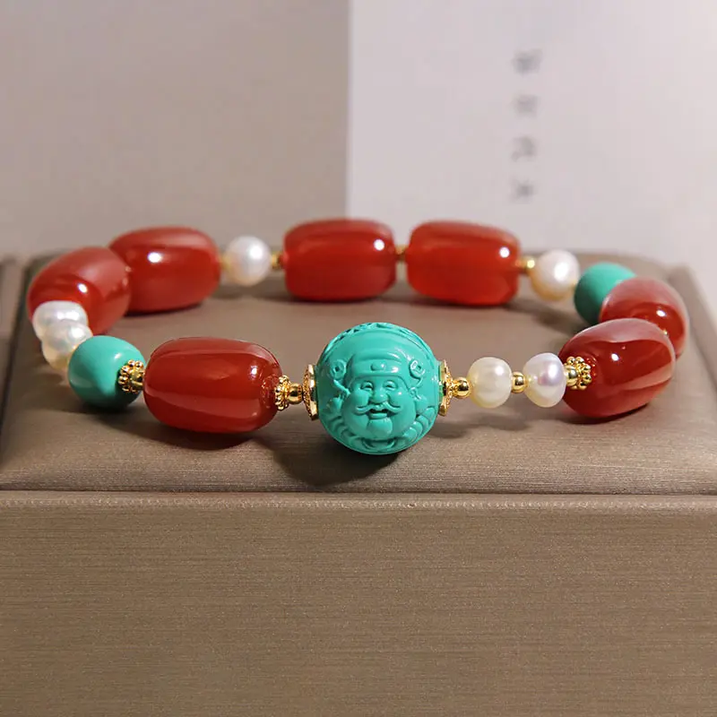 Natural Red Agate & Turquoise God of Wealth Bracelet