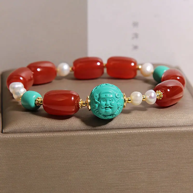 Natural Red Agate & Turquoise God of Wealth Bracelet