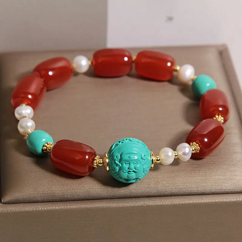 Natural Red Agate & Turquoise God of Wealth Bracelet