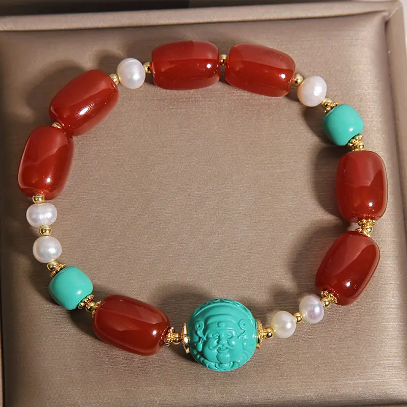 Natural Red Agate & Turquoise God of Wealth Bracelet