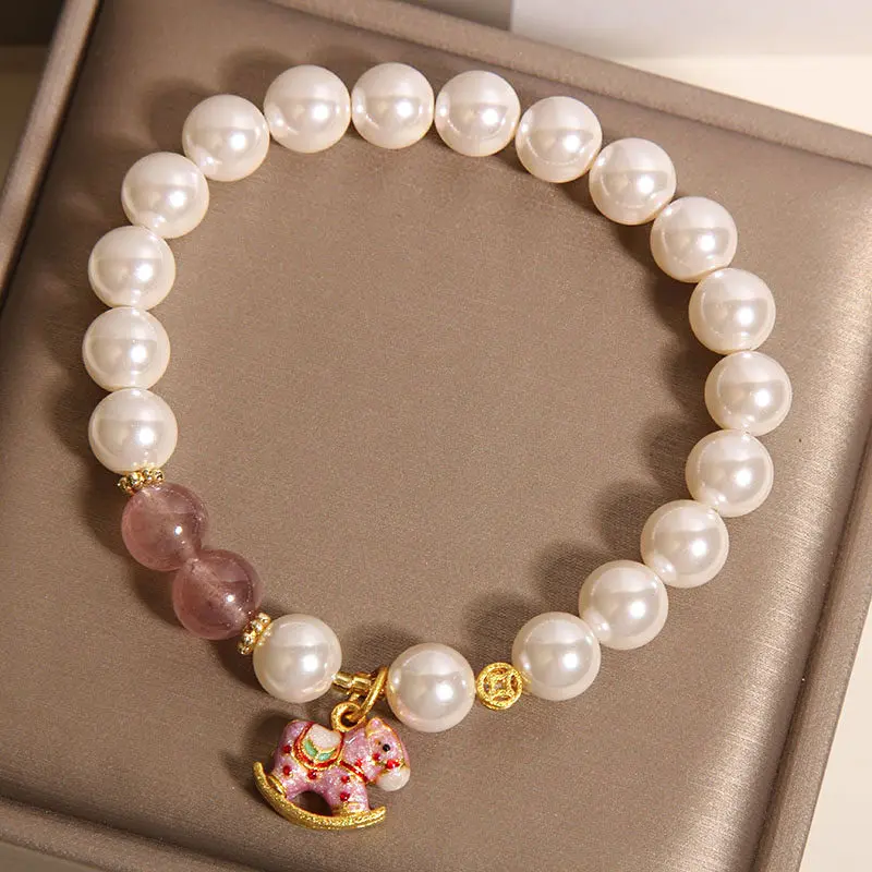 Natural Strawberry Quartz & Shell Pearl Rocking Horse Bracelet Grace & Joy