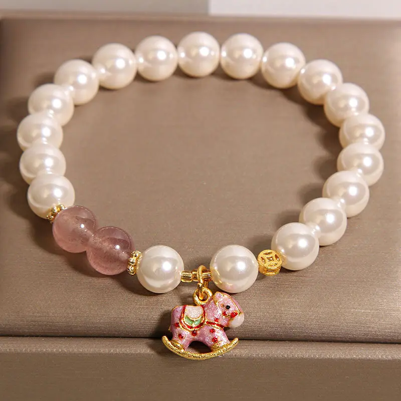 Natural Strawberry Quartz & Shell Pearl Rocking Horse Bracelet Grace & Joy