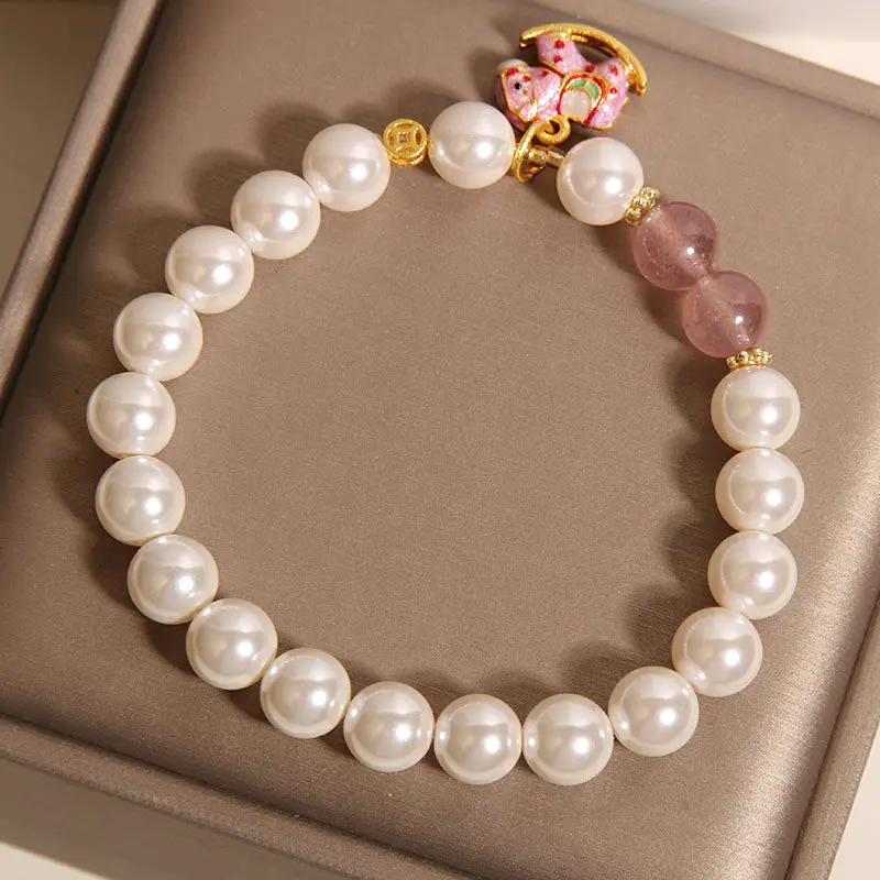 Natural Strawberry Quartz & Shell Pearl Rocking Horse Bracelet Grace & Joy