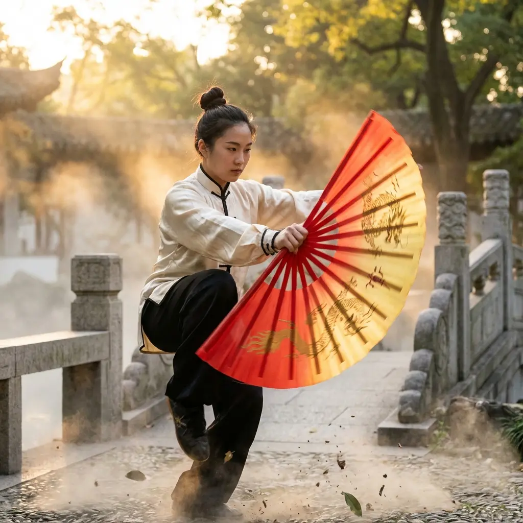 Practicing Tai Chi with a red kung fu performance fan
