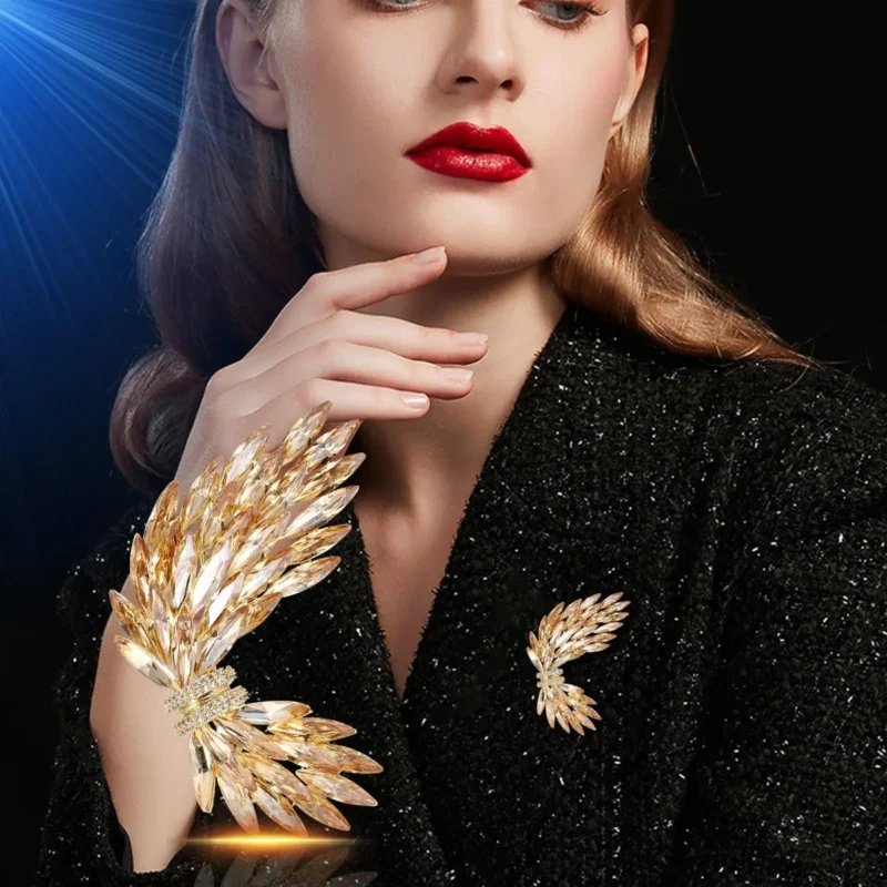 Golden Wing Austrian Crystal Brooch - Heart Chakra Shield