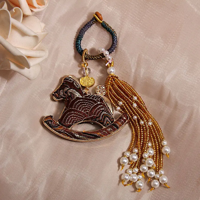 Handcrafted Embroidered Rocking Horse Charm Pearl Tassel Amulet for 2026 Success