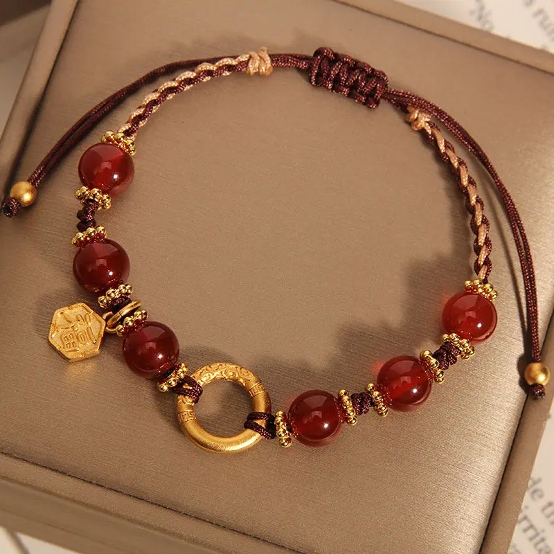 Handcrafted Red Agate Red String Bracelet Fu Fortune Charm for 2026 Protection