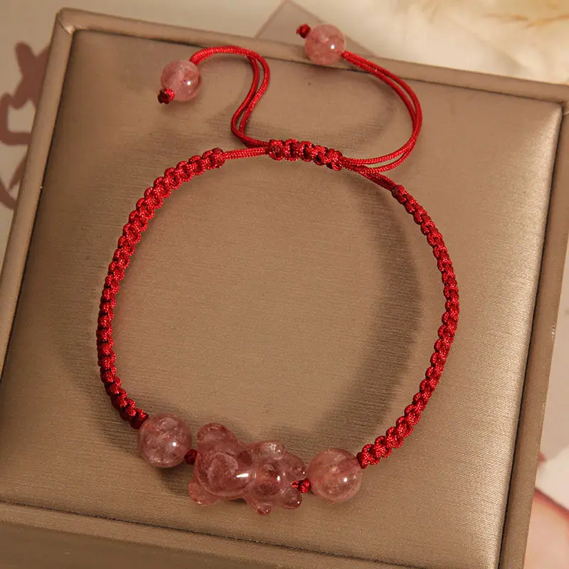 Handcrafted Strawberry Quartz Bear Red String Bracelet Self-Love & 2026 Protection