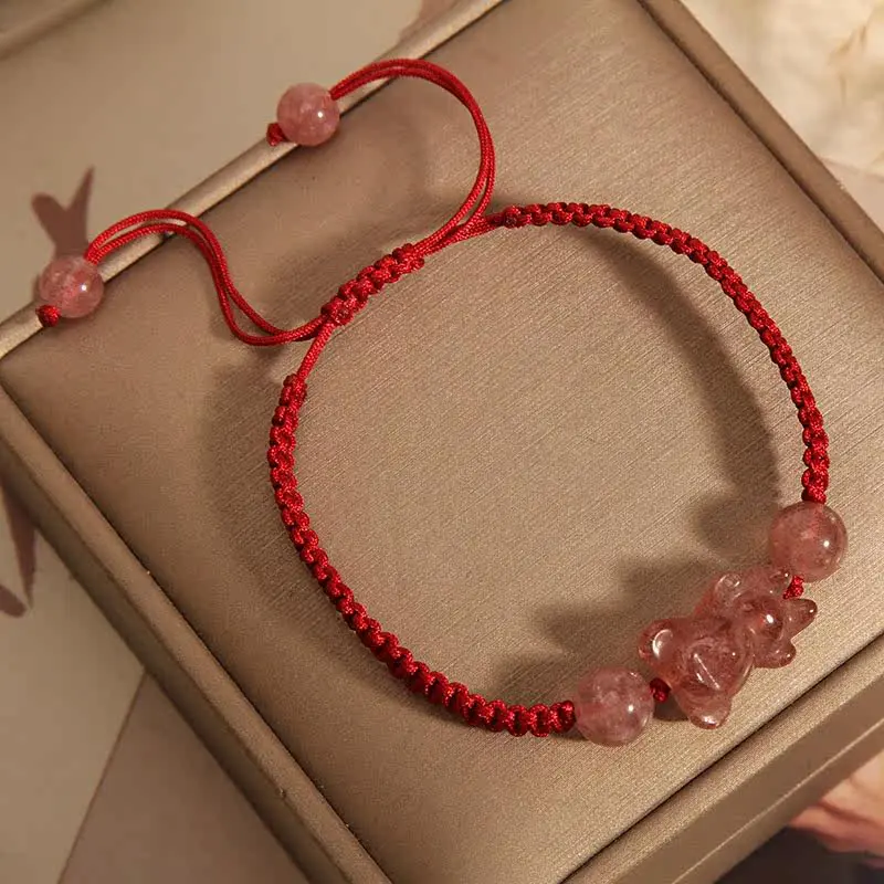 Handcrafted Strawberry Quartz Bear Red String Bracelet Self-Love & 2026 Protection