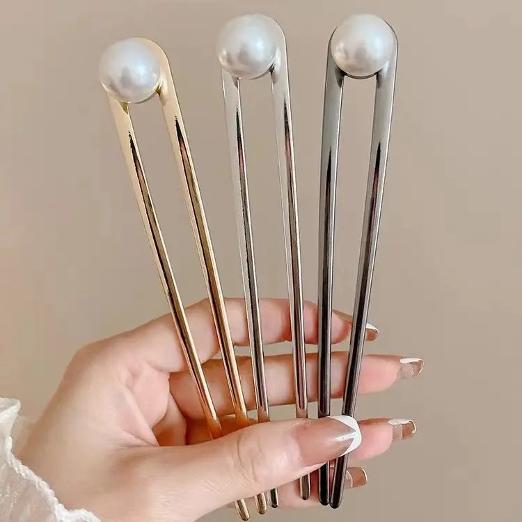 Minimalist U-Shaped Metal Hair Fork with Luster Pearl Secure Bun Holder for Focus