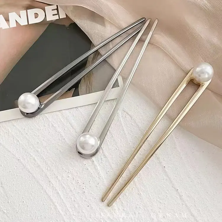 Minimalist U-Shaped Metal Hair Fork with Luster Pearl Secure Bun Holder for Focus