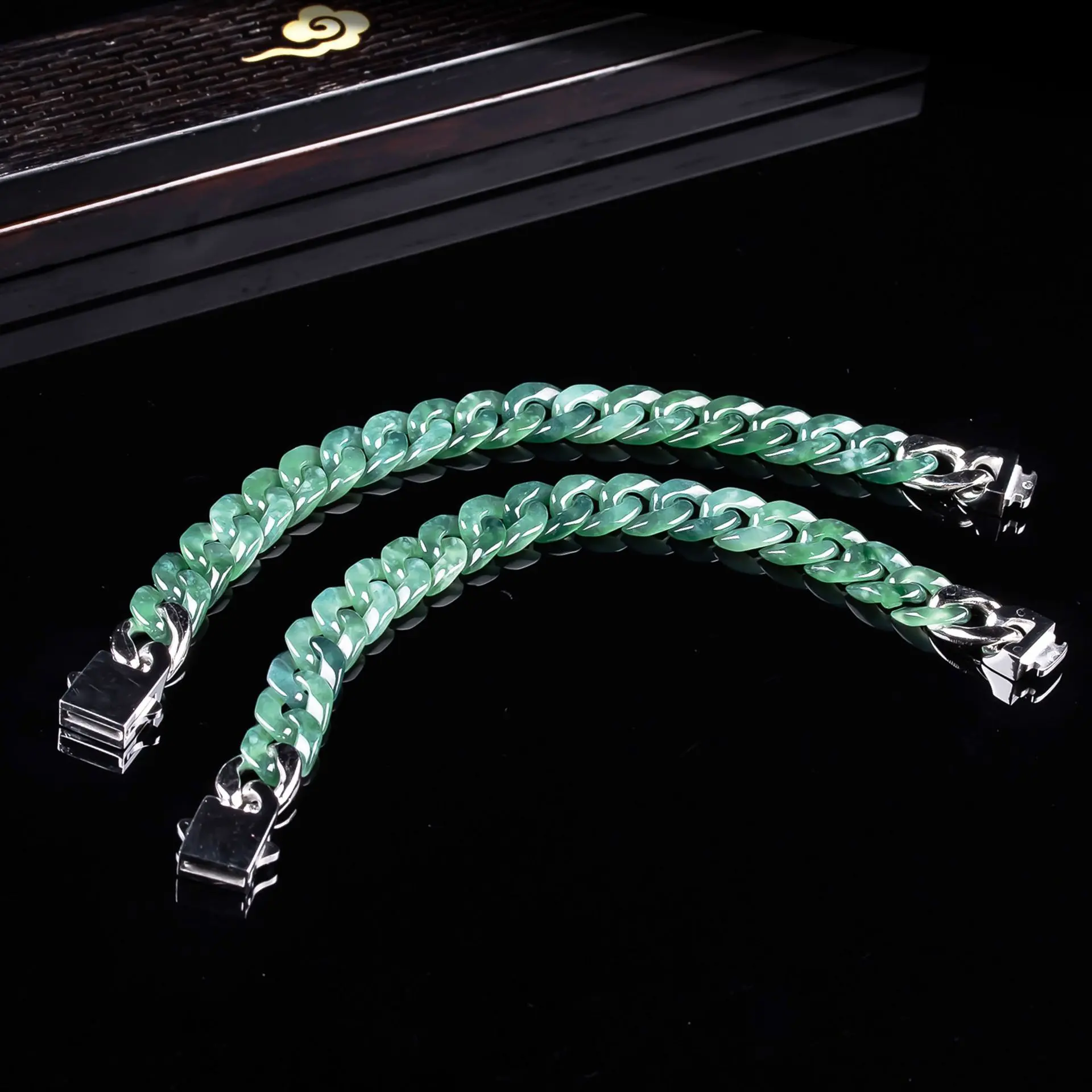 Natural Ice-Glutinous Jadeite Cuban Link Bracelet 10mm Bold Geometric Chain for Wealth
