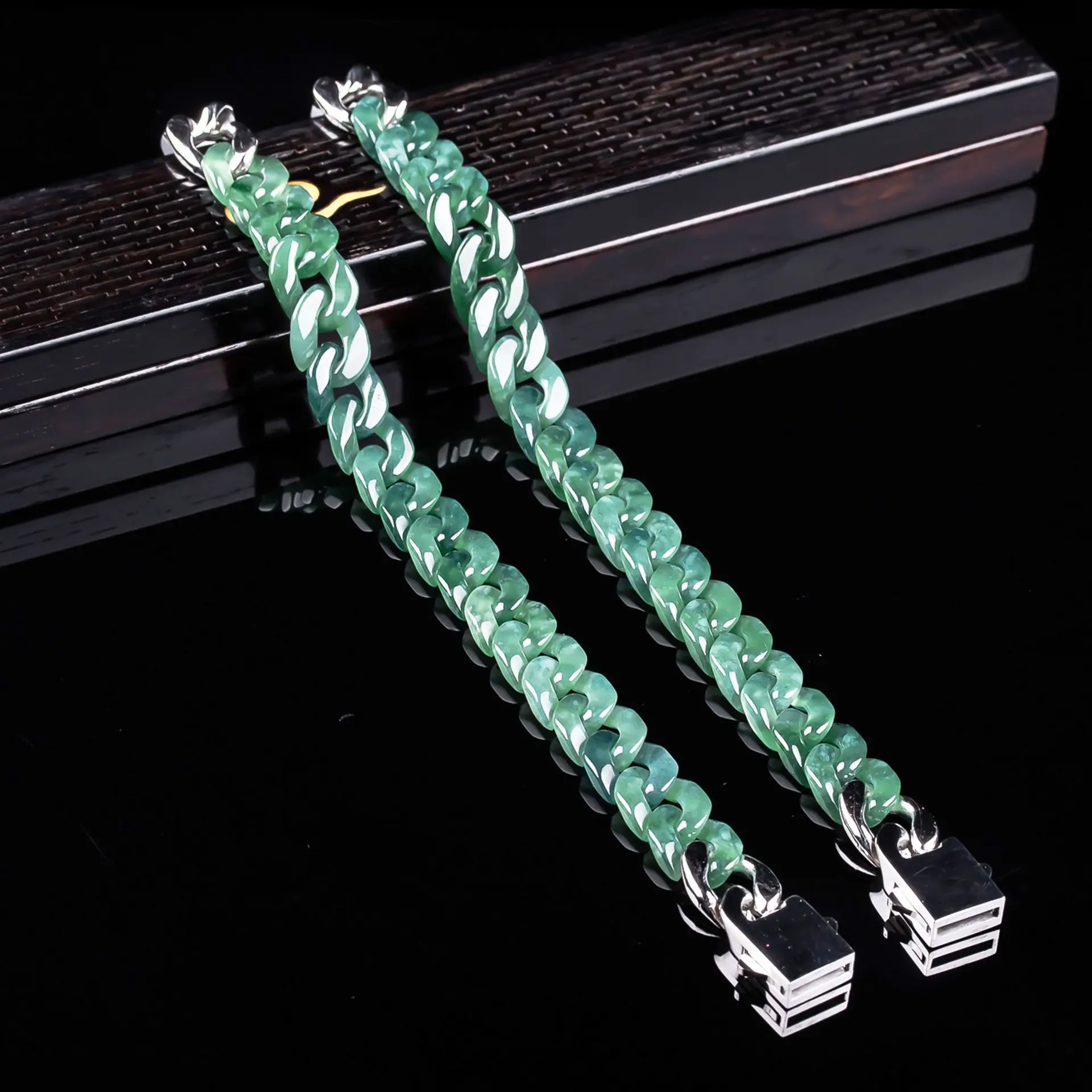 Natural Ice-Glutinous Jadeite Cuban Link Bracelet 10mm Bold Geometric Chain for Wealth
