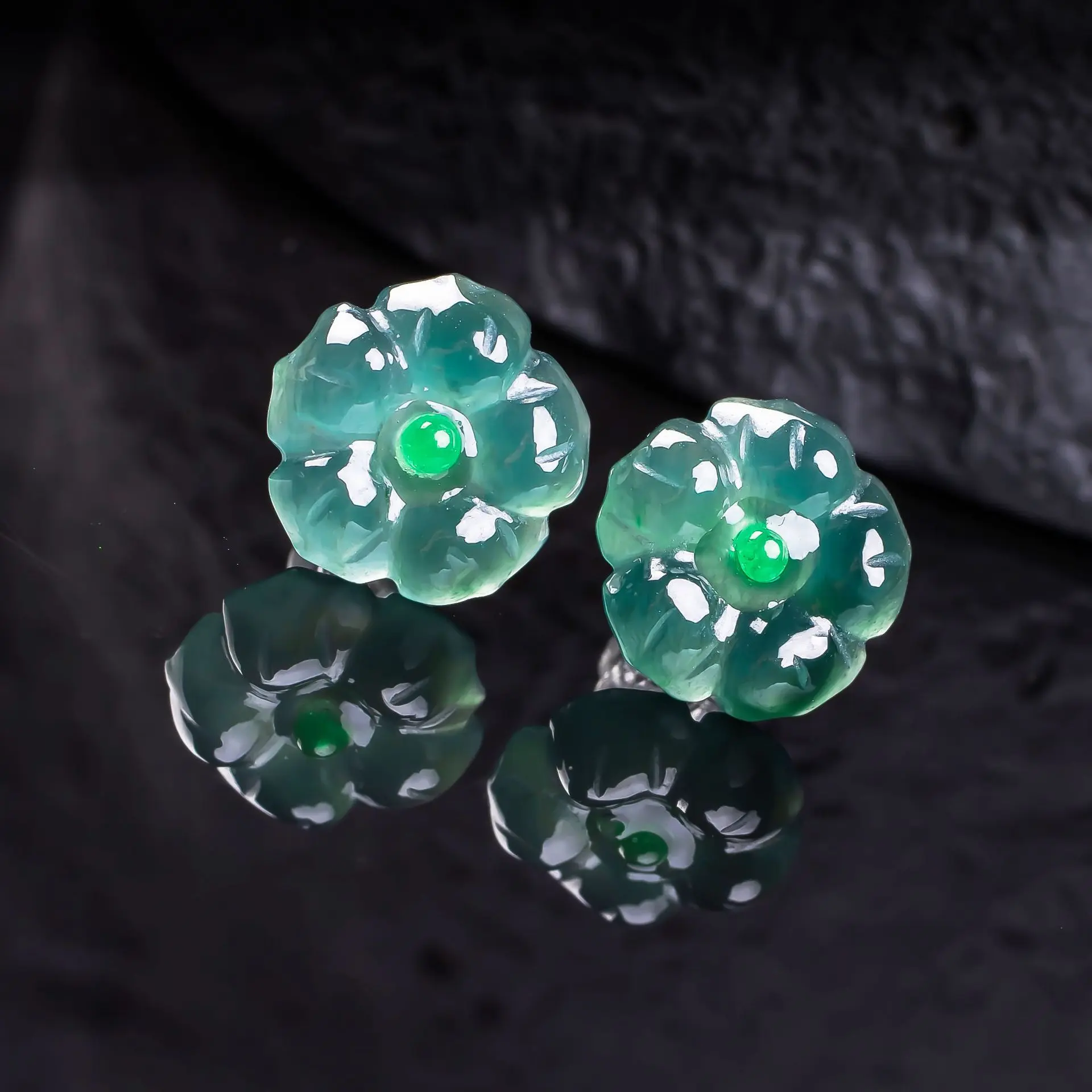 Natural Ice-Glutinous Jadeite Plum Blossom Studs S925 Silver Healing Earrings