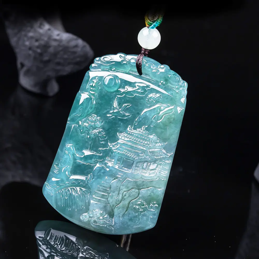 Natural Jadeite Landscape Pendant | Hand-Carved Shanshui Amulet for Success & Support