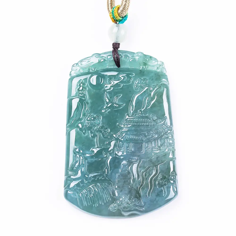 Natural Jadeite Landscape Pendant | Hand-Carved Shanshui Amulet for Success & Support