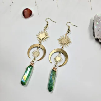 Handcrafted Celestial Sun & Moon Earrings Green Aura Quartz Points for Heart Healing