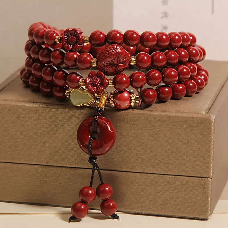 Handcrafted Natural Red Cinnabar 4-Wrap Bracelet Double Fish & Safety Buckle Amulet
