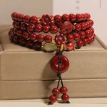 Handcrafted Natural Red Cinnabar 4-Wrap Bracelet Double Fish & Safety Buckle Amulet