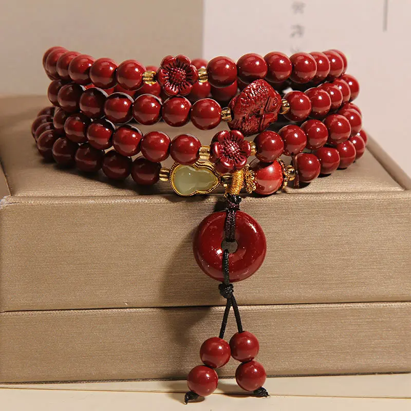 Handcrafted Natural Red Cinnabar 4-Wrap Bracelet Double Fish & Safety Buckle Amulet