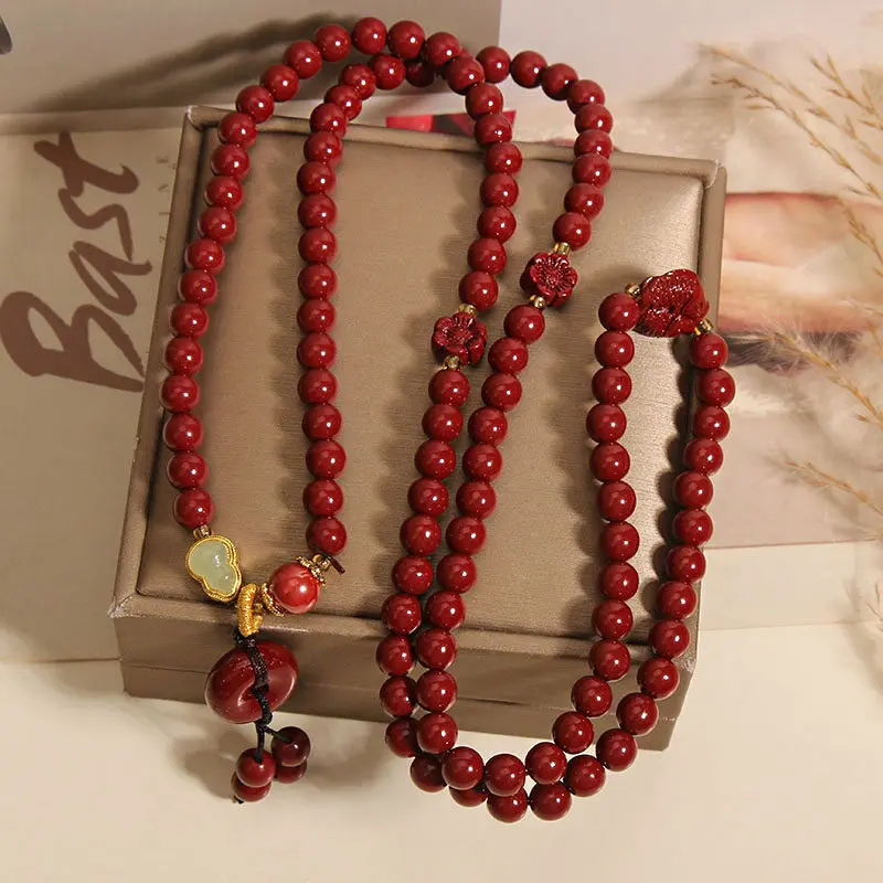 Handcrafted Natural Red Cinnabar 4-Wrap Bracelet Double Fish & Safety Buckle Amulet