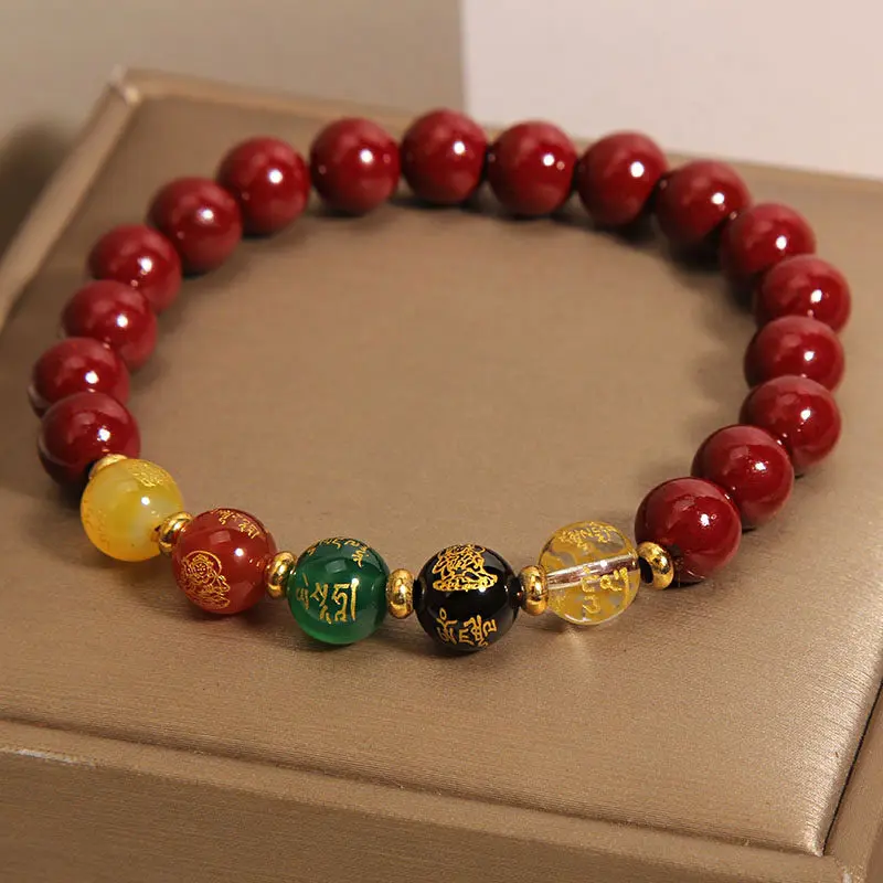 Handcrafted Natural Red Cinnabar Bracelet Five-Way Wealth God Amulet for Prosperity & Protection