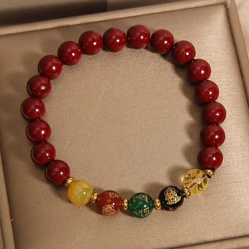 Handcrafted Natural Red Cinnabar Bracelet Five-Way Wealth God Amulet for Prosperity & Protection