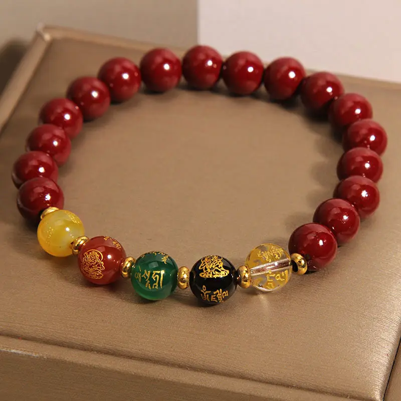 Handcrafted Natural Red Cinnabar Bracelet Five-Way Wealth God Amulet for Prosperity & Protection