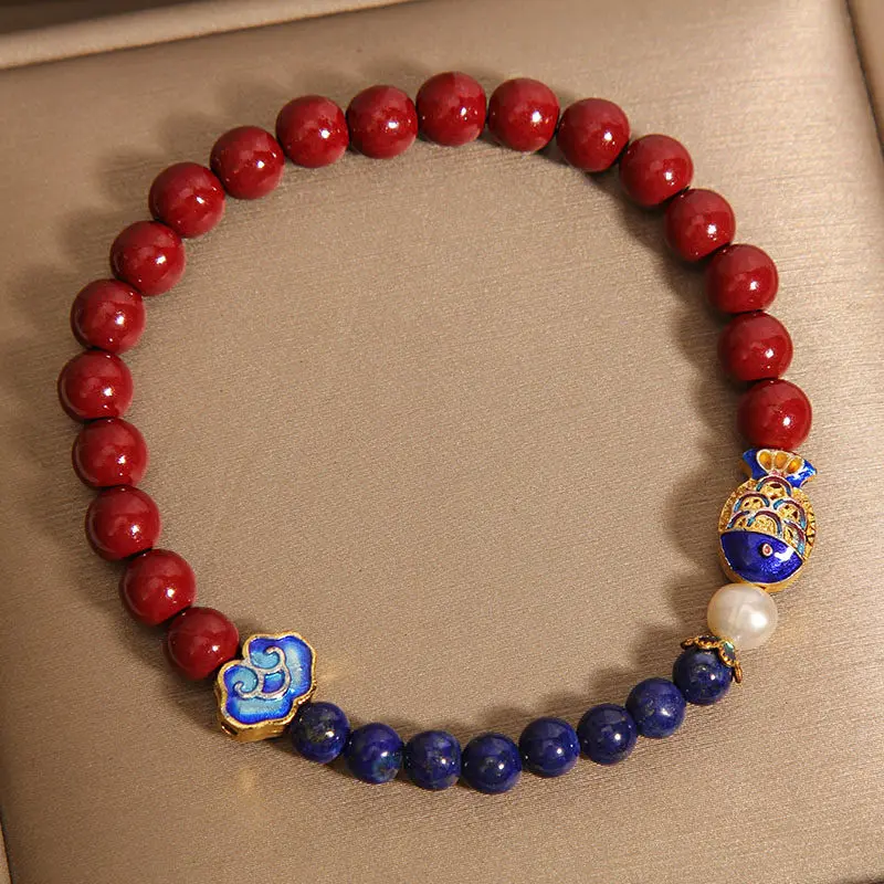 Handcrafted Natural Red Cinnabar & Lapis Lazuli Bracelet Koi Fish Amulet for Wealth & Success