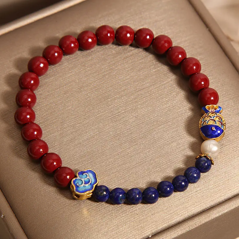 Handcrafted Natural Red Cinnabar & Lapis Lazuli Bracelet Koi Fish Amulet for Wealth & Success