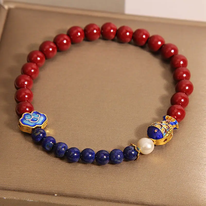 Handcrafted Natural Red Cinnabar & Lapis Lazuli Bracelet Koi Fish Amulet for Wealth & Success