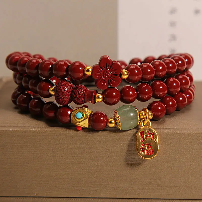 Handcrafted Natural Red Cinnabar Multi-Wrap Bracelet Gourd & Fortune Welcome Amulet