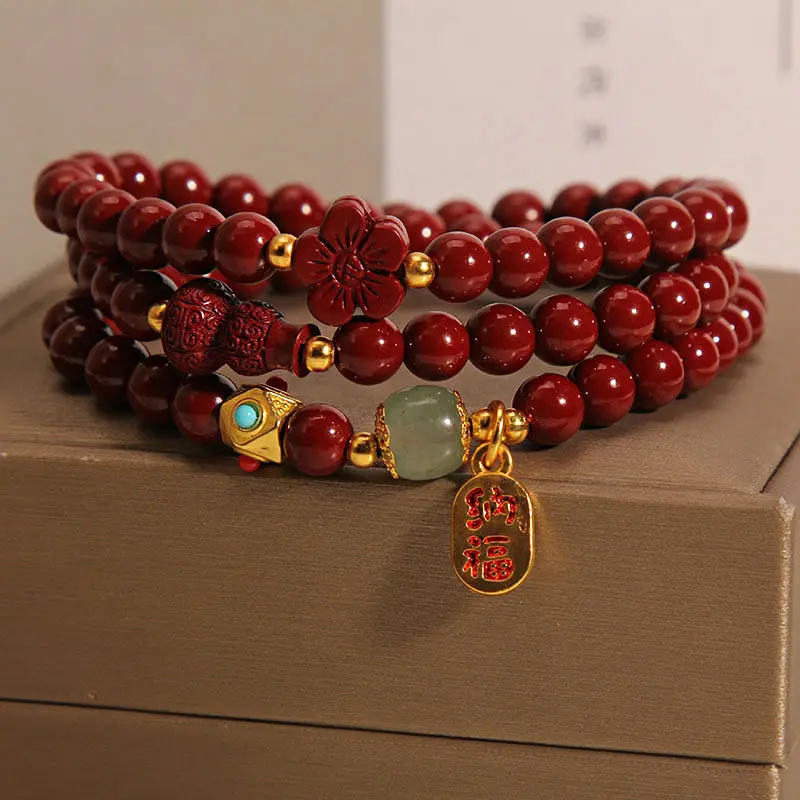 Handcrafted Natural Red Cinnabar Multi-Wrap Bracelet Gourd & Fortune Welcome Amulet