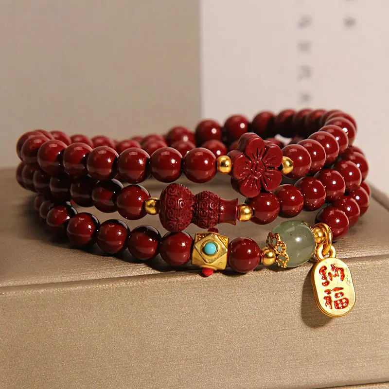 Handcrafted Natural Red Cinnabar Multi-Wrap Bracelet Gourd & Fortune Welcome Amulet