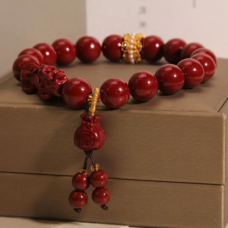 Handcrafted Natural Red Cinnabar Pixiu Bracelet Lucky Bag Amulet for Wealth & Protection