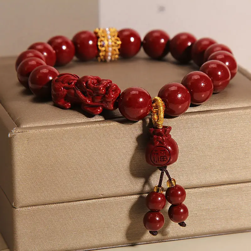 Handcrafted Natural Red Cinnabar Pixiu Bracelet Lucky Bag Amulet for Wealth & Protection