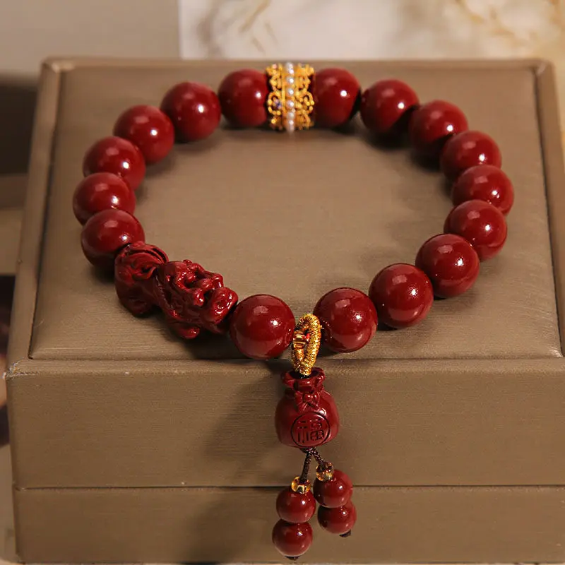 Handcrafted Natural Red Cinnabar Pixiu Bracelet Lucky Bag Amulet for Wealth & Protection