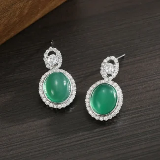 Handcrafted Vintage Green Chalcedony & S925 Silver Earrings Oval Halo for Heart Chakra Healing