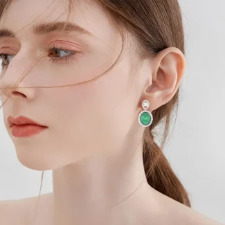 Handcrafted Vintage Green Chalcedony & S925 Silver Earrings Oval Halo for Heart Chakra Healing