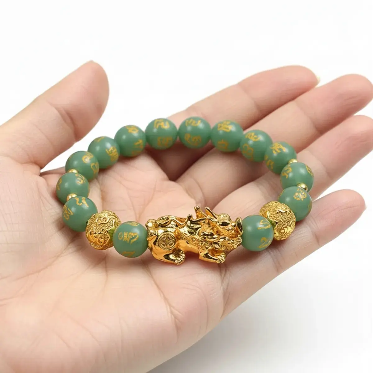 Natural 10mm Green Aventurine Pixiu Bracelet Om Mani Padme Hum for Luck & Wealth