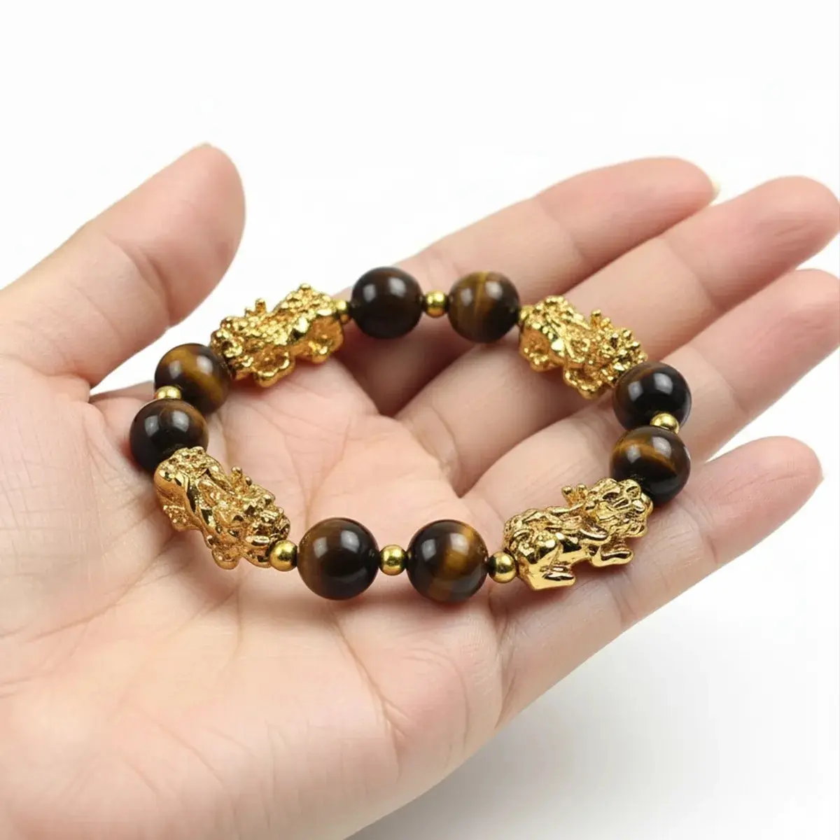 Natural 10mm Tiger Eye Quad-Pixiu Bracelet Four Directions Wealth & Confidence Shield