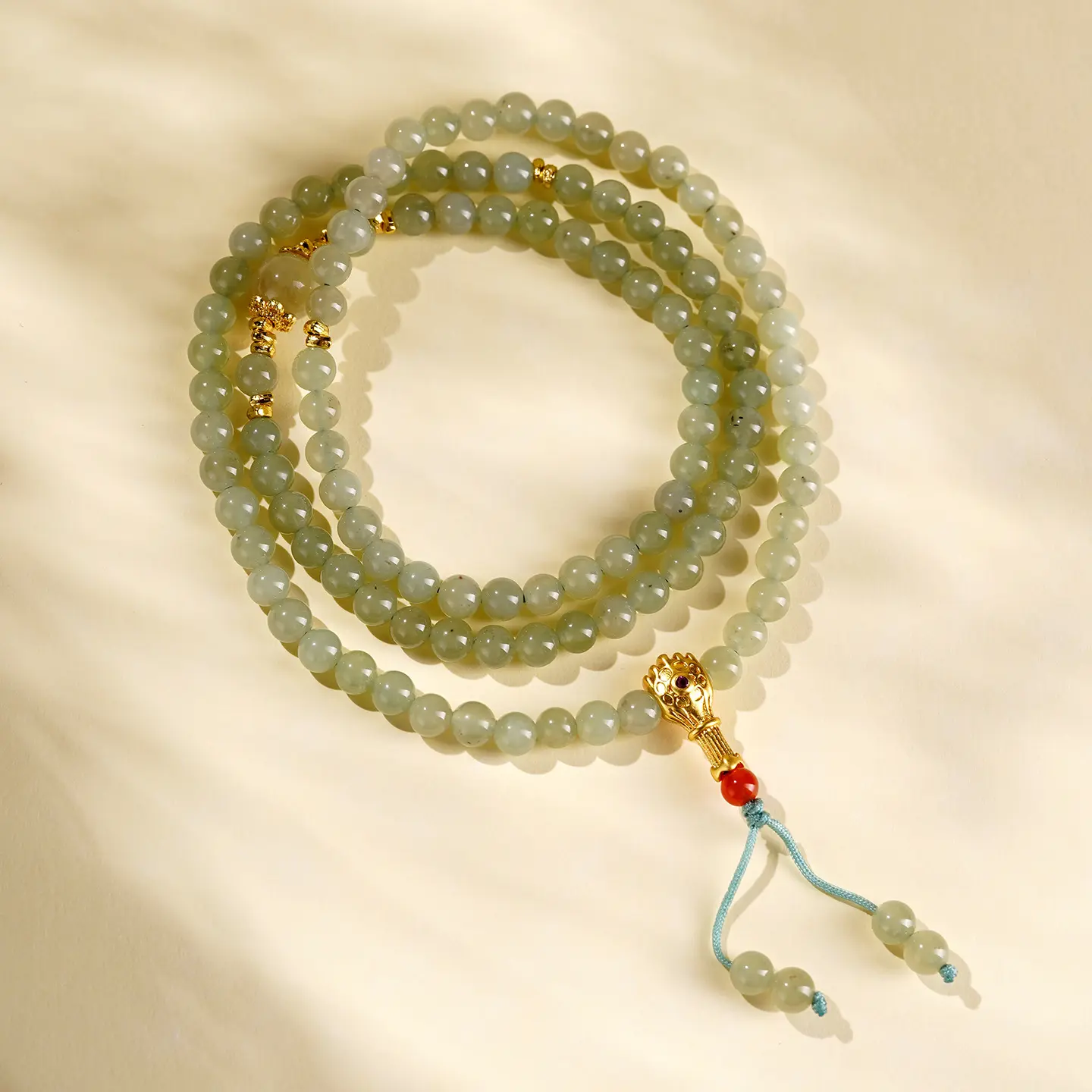 Handcrafted 108 Hetian Jade Mala Bracelet Natural Southern Red Agate Amulet