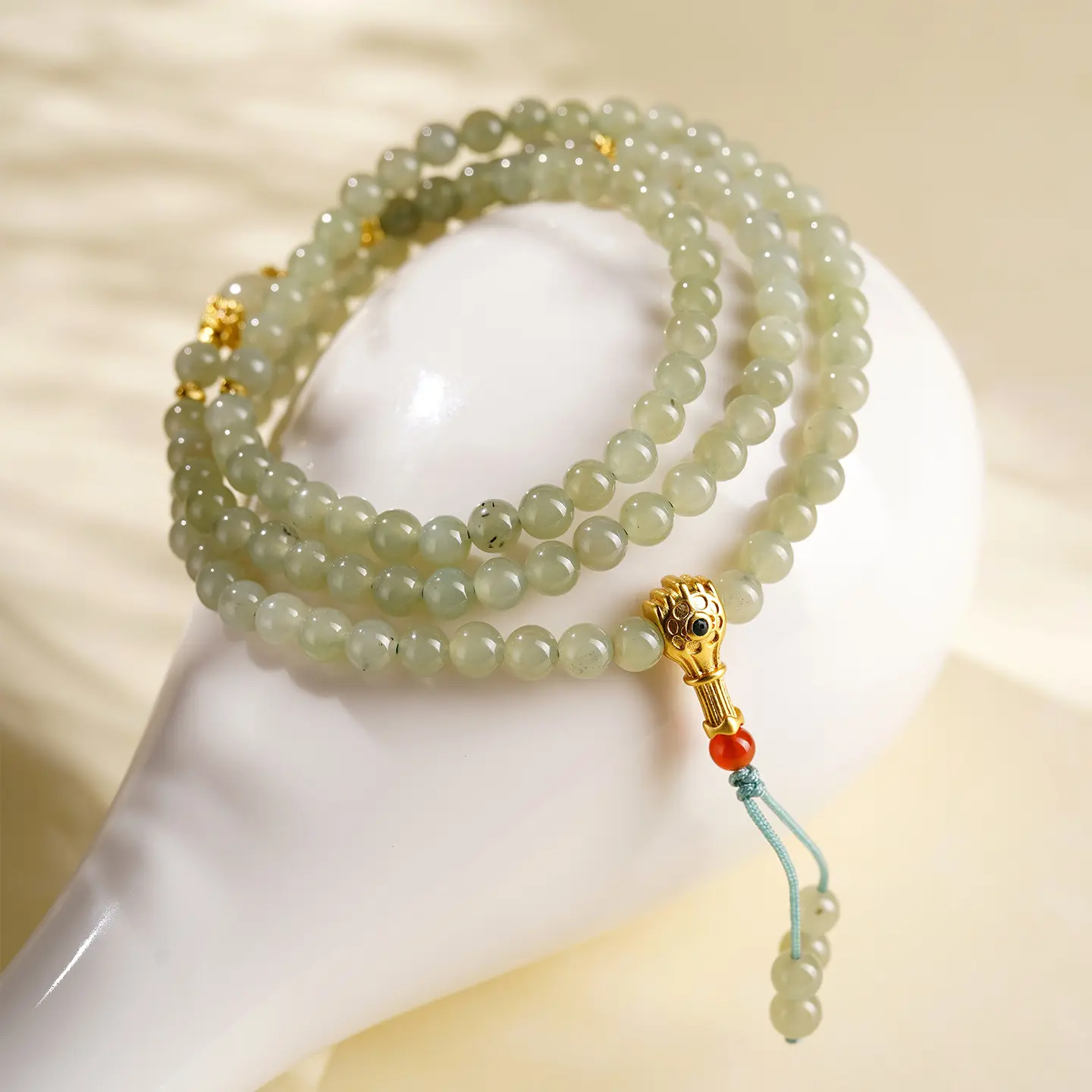 Handcrafted 108 Hetian Jade Mala Bracelet Natural Southern Red Agate Amulet