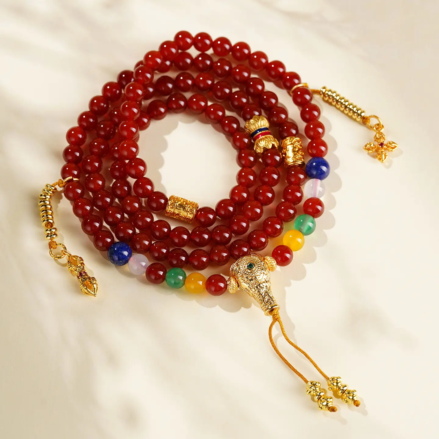 Handcrafted 108 Red Agate Mala Bracelet Lapis Lazuli & Agate Amulet