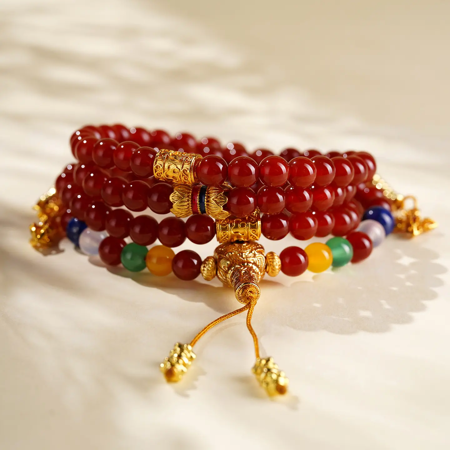 Handcrafted 108 Red Agate Mala Bracelet Lapis Lazuli & Agate Amulet