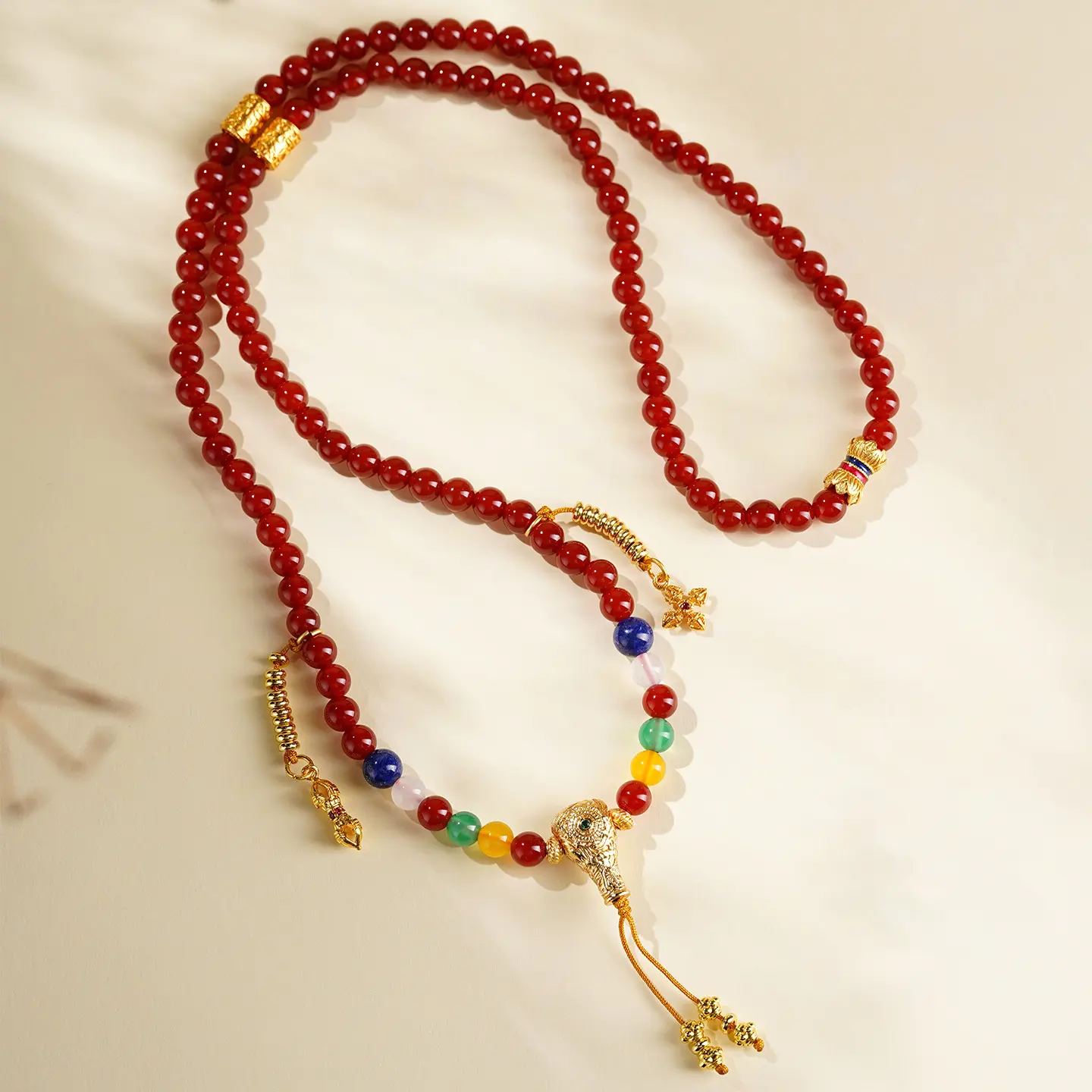 Handcrafted 108 Red Agate Mala Bracelet Lapis Lazuli & Agate Amulet