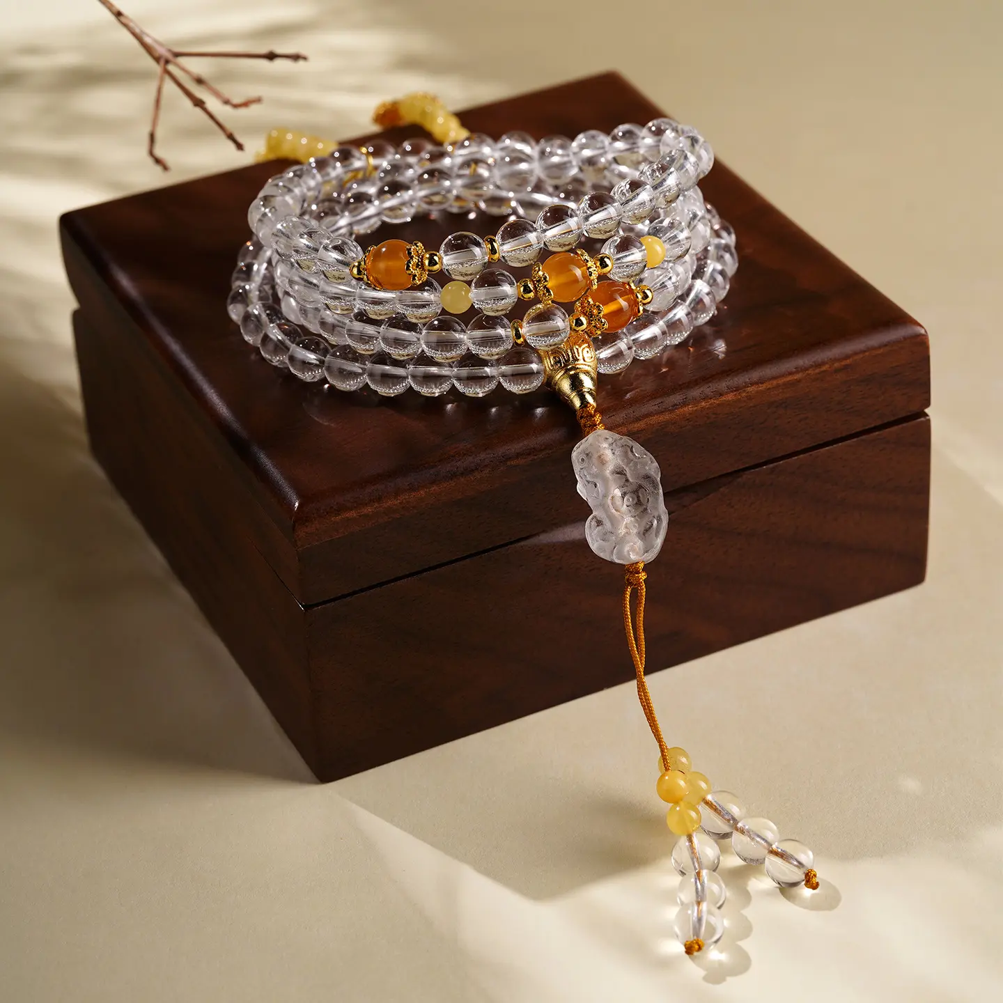 Handcrafted 108 White Crystal Mala Bracelet with Amber Buddha Bodhis