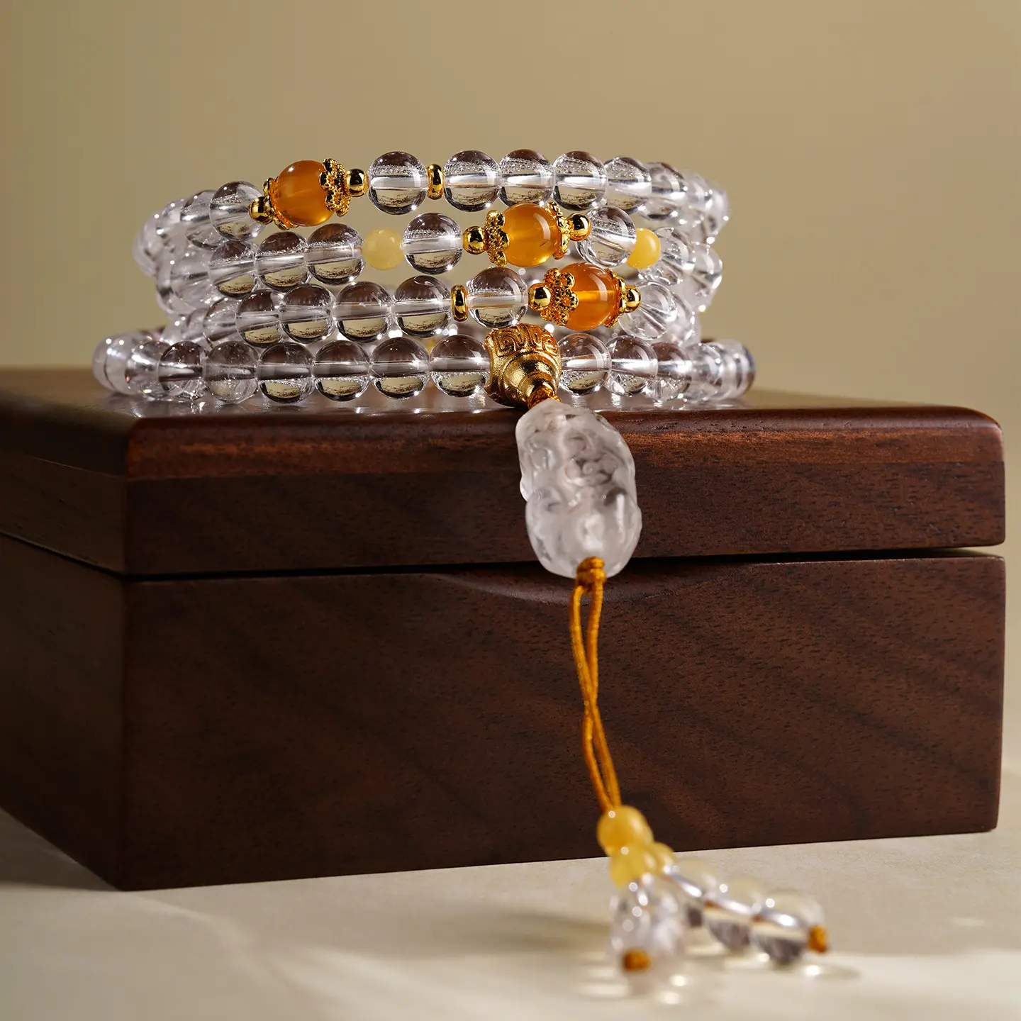 Handcrafted 108 White Crystal Mala Bracelet with Amber Buddha Bodhis