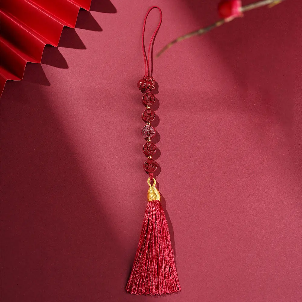 Handcrafted Cinnabar Horse Five Emperor Coins Keychain | 2026 Zodiac Amulet